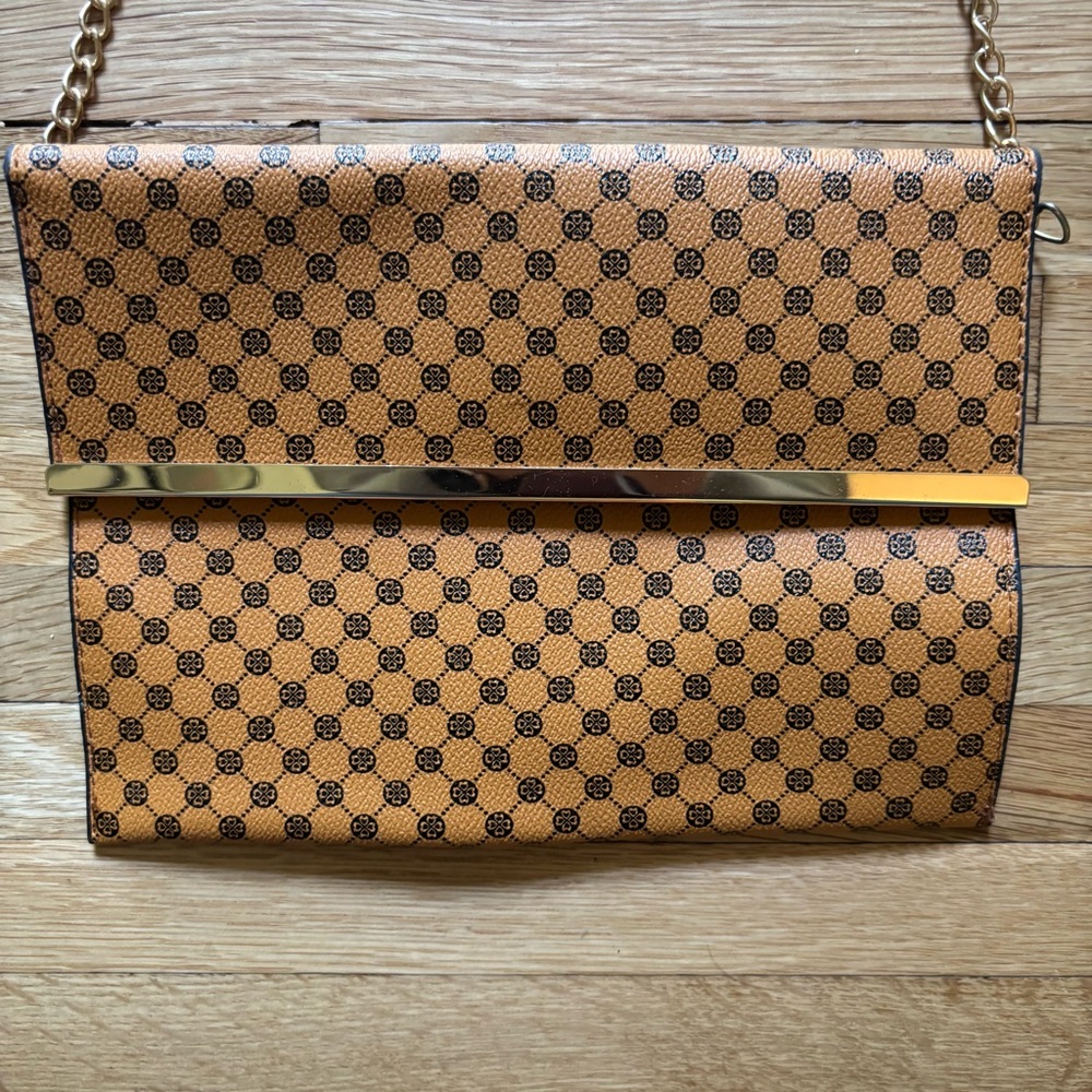 Tan, Brown,‎ And Gold Envelope Purse Classic Style Handbag Small Clover Pattern - Picture 3 of 8